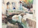 watercolor painting of a man sitting on a bridge over a river