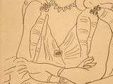 an old drawing of a woman sitting in a chair with her arms crossed