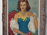 painting of a woman in a blue dress with a white shawl