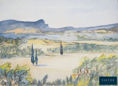 a watercolor painting of a landscape with mountains in the background