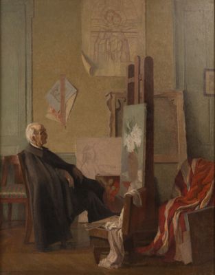tableau représentant un vieil homme assis sur une chaise devant un tableau