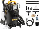 a black and yellow vacuum cleaner with tools and accessories on a white background