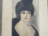 an old picture of a woman with a feathered hat in a frame