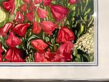 a picture of a painting of red tulips and white hydrant