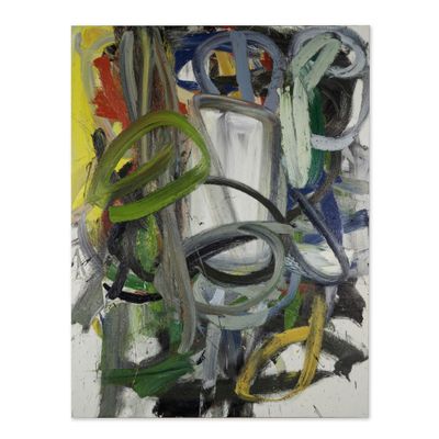 peinture abstraite représentant un vase de fleurs et des ciseaux posés sur une table
