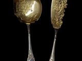 two spoons and a spoon with a gold handle on a black background