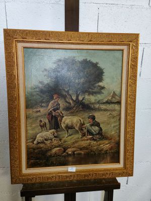 une peinture à l'huile représentant un homme avec un chien et des moutons dans un champ
