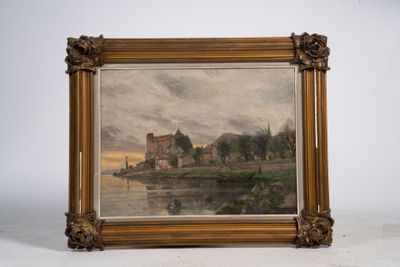 une image représentant un tableau d'un château au bord d'une rivière
