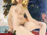 une image représentant un tableau d'une femme nue assise sur une couverture rouge