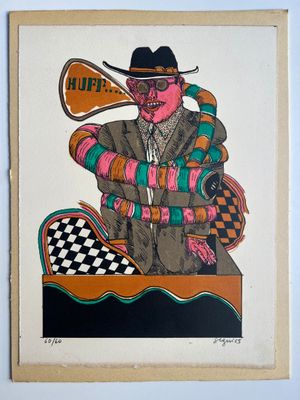 tableau représentant un homme en costume et chapeau, tenant une batte de baseball