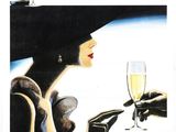 affiche représentant une femme tenant une coupe de champagne devant une bouteille de champagne