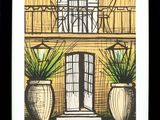 une photo d'une photo d'un bâtiment avec des plantes en pot