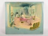 un tableau représentant un salon avec un canapé et une table