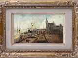 painting of a view of a harbor with boats in the water