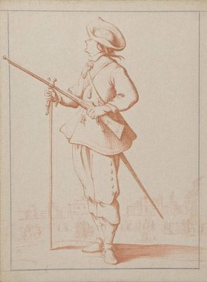 un vieux dessin représentant un homme avec une épée et un chapeau