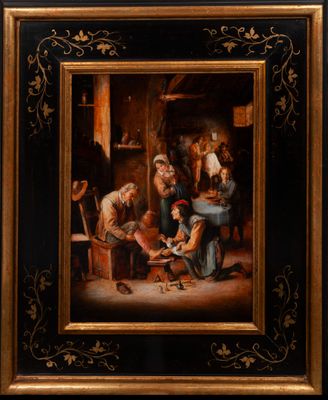 une peinture à l'huile représentant une famille jouant aux cartes dans une taverne