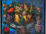 a painting of a bowl of fruit on a table