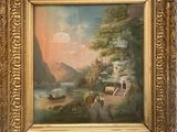 an oil painting of a landscape with a man on a horse and a woman in a boat