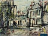 painting of a street scene with buildings and a woman walking down the street