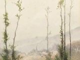 painting of a dirt road with trees on either side and a mountain in the background