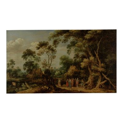 une image représentant un tableau représentant un paysage boisé avec des personnages au premier plan