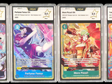 four different pokemon cards in a row on a black background