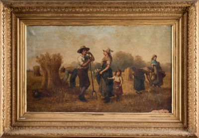 une peinture à l'huile représentant un groupe de personnes travaillant dans un champ