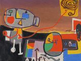 a painting of a man flying a kite in the sky