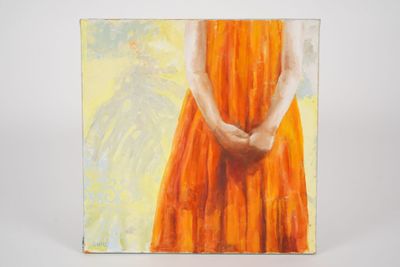 painting of a woman in an orange dress with her hands in her pockets