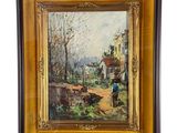 une peinture à l'huile représentant une scène de village avec un homme à cheval