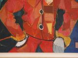 a painting of a man in a red jacket and hat