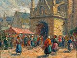 une peinture à l'huile représentant une foule devant une église