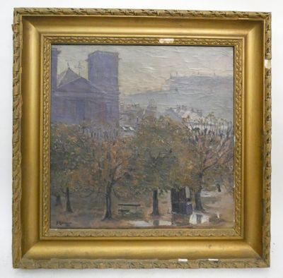 une image d'un tableau représentant un paysage urbain dans un cadre doré
