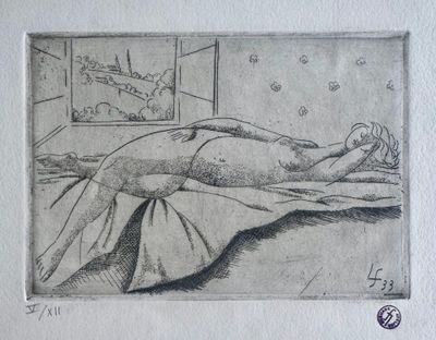 dessin représentant une femme allongée sur un lit, avec une fenêtre en arrière-plan