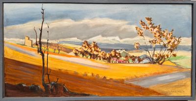 une peinture à l'huile représentant un paysage avec une route au premier plan et des arbres au premier plan