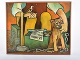 a painting of a man and a dog on a table