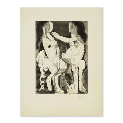 a black and white drawing of two women sitting on a chair