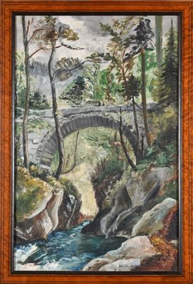 an oil painting of a bridge over a stream in a wooded area
