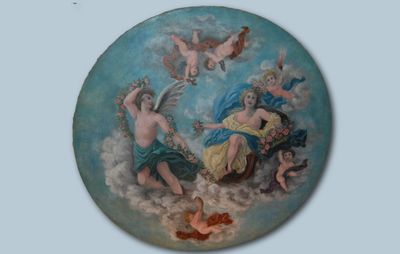 C. LAMY, exceptionnel tondo de plafond, huile sur toile sign…