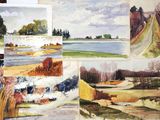 many paintings of watercolors on a table