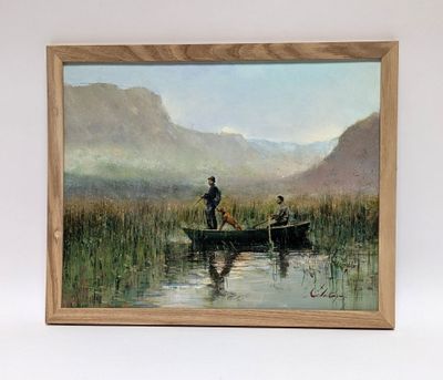 un tableau représentant deux hommes dans un bateau sur l'eau