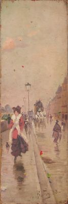 une peinture de personnes marchant dans la rue sous la pluie