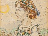 dessin représentant une femme avec des fleurs dans les cheveux et un cheval en arrière-plan