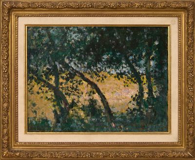 une peinture à l'huile représentant des arbres et de l'herbe, dans un cadre doré
