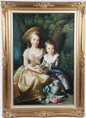 portrait of a boy and a girl with a cat by a tree