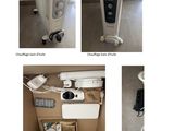 four different pictures of a room with a heater and other items