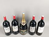 six bottles of wine are lined up in a row