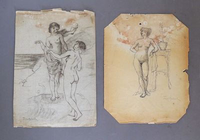 two drawings of a woman and a man standing on a beach