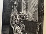 an old book with a drawing of a woman sitting in a chair
