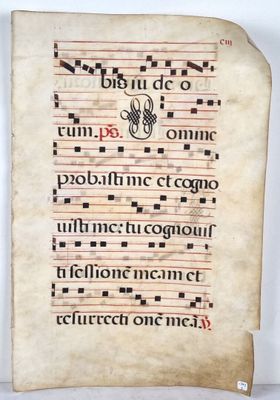 Page d'antiphonaire sur vélin, lettrine ornée (55,5 x 37 cm)…